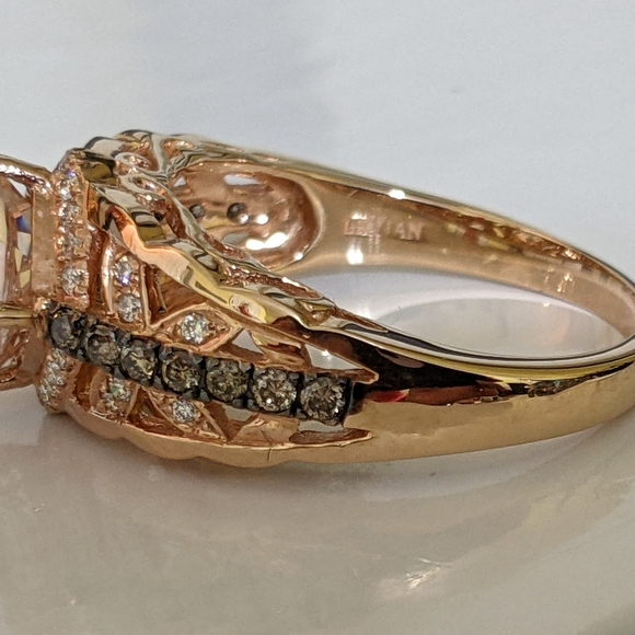 Le Vian ring with center cushion cut peach morganite gemstone 14krg. - Picture 4 of 10